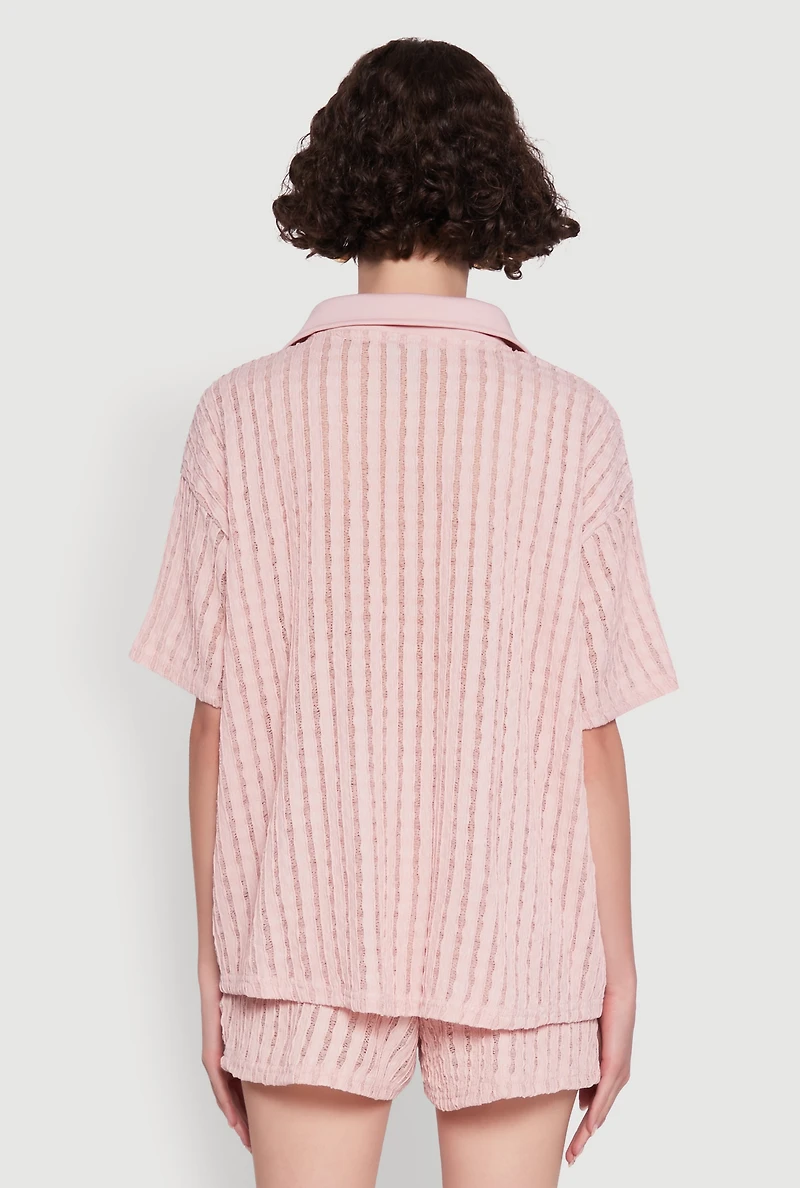 Womens Trendy Textured Knit Shadow Stripe Shirt, Pink,