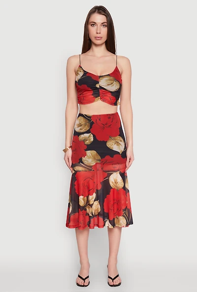 Mesh Rose Print Ruffled Hem Skirt