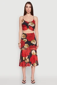 Mesh Rose Print Ruffled Hem Skirt