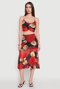 Womens Mesh Rose Print Ruffled Hem Skirt, Multi, Size L