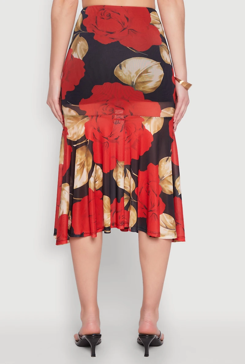 Womens Mesh Rose Print Ruffled Hem Skirt, Multi, Size L