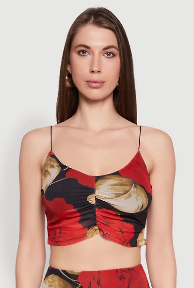 Womens Mesh Rose Print Ruched Crop Top, Multi, Size S