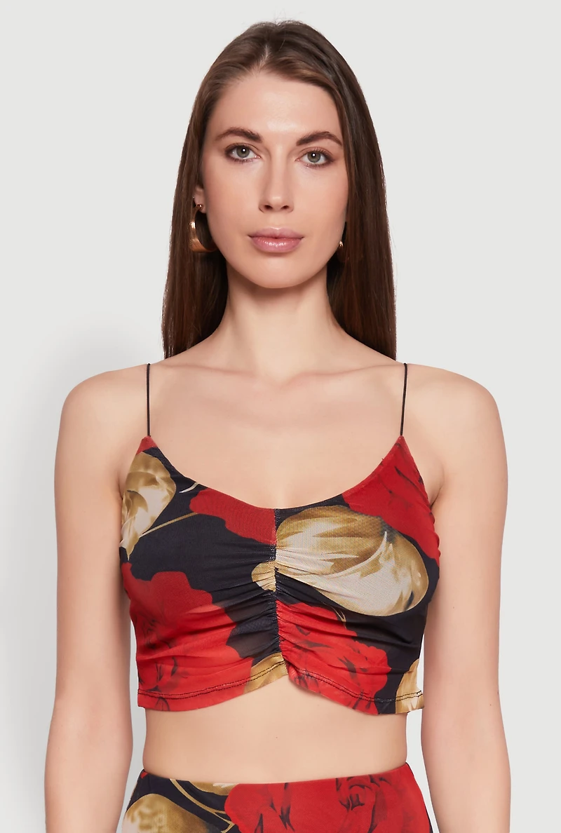 Womens Mesh Rose Print Ruched Crop Top, Multi,