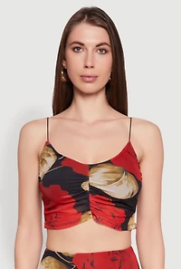 Womens Mesh Rose Print Ruched Crop Top, Multi,