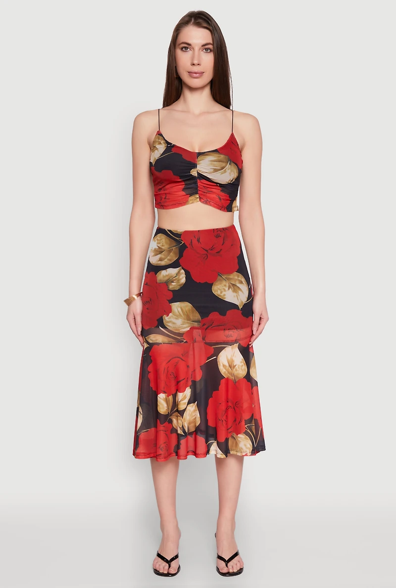 Mesh Rose Print Ruched Crop Top