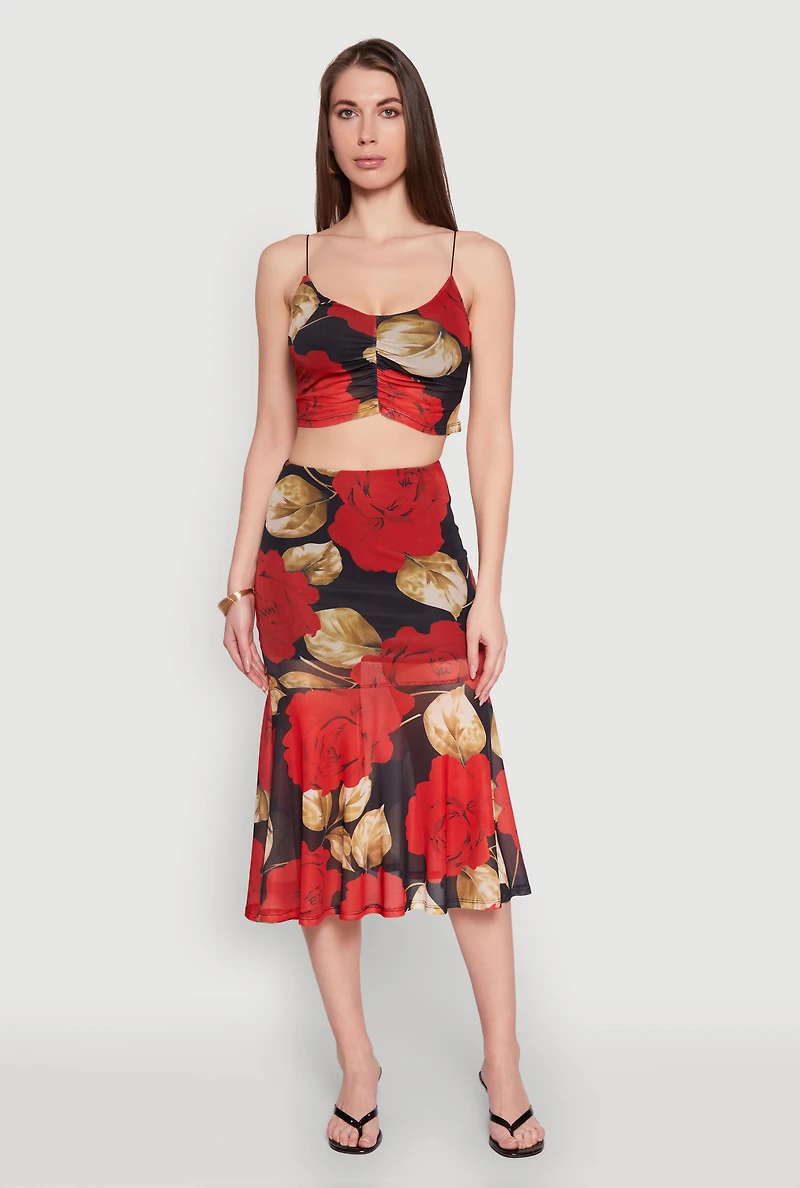 Womens Mesh Rose Print Ruched Crop Top, Multi, Size S