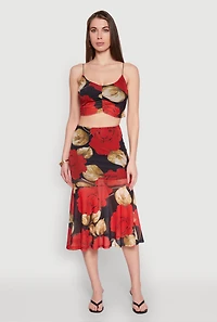 Womens Mesh Rose Print Ruched Crop Top, Multi, Size S