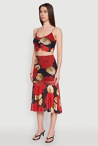 Mesh Rose Print Ruched Crop Top