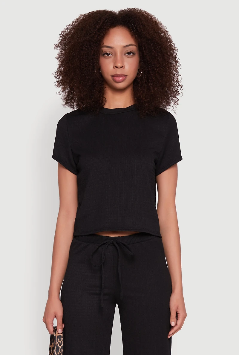 Womens Trendy Textured Knit Cropped Crew Neck Top, Black, Size L