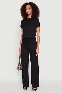 Womens Trendy Textured Knit Cropped Crew Neck Top, Black, Size L