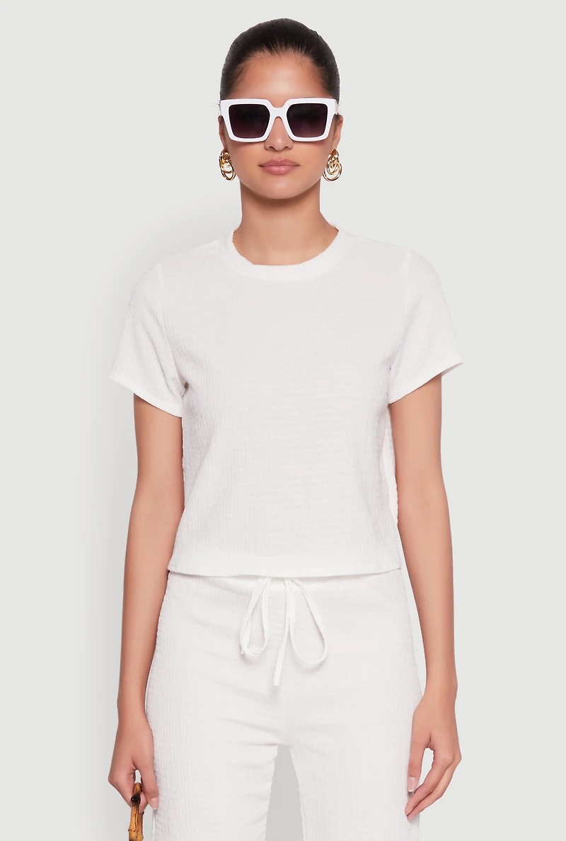 Womens Trendy Textured Knit Cropped Crew Neck Top, White, Size M