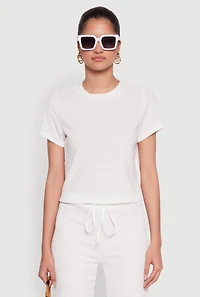 Womens Trendy Textured Knit Cropped Crew Neck Top, White, Size M