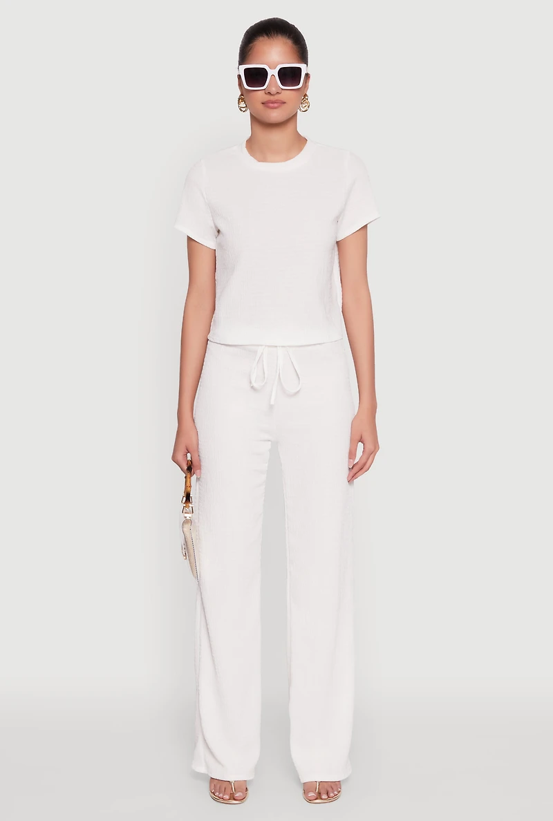 Womens Trendy Textured Knit Cropped Crew Neck Top, White,