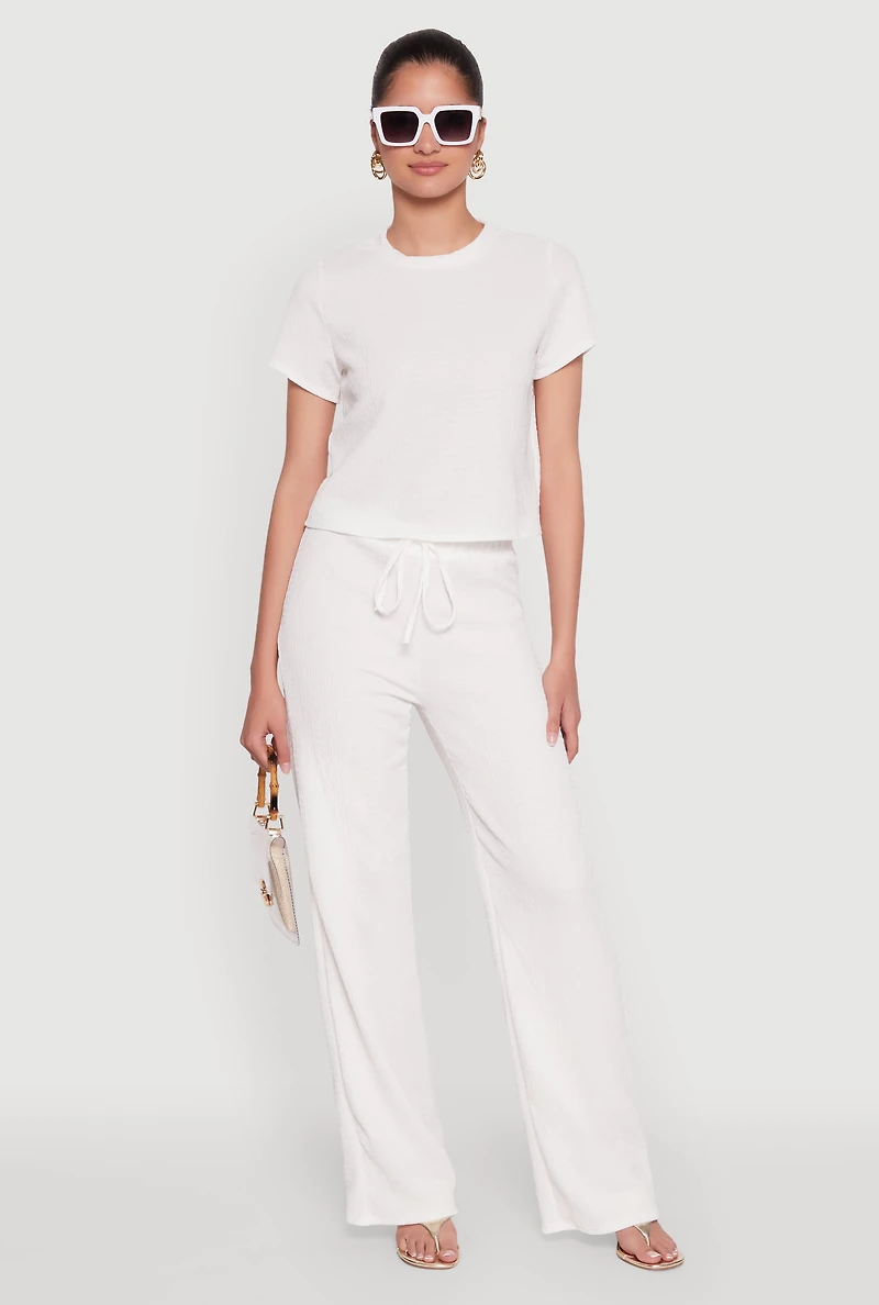 Womens Trendy Textured Knit Cropped Crew Neck Top, White,