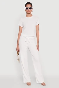 Womens Trendy Textured Knit Cropped Crew Neck Top, White, Size M