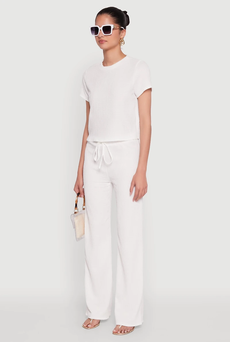 Womens Trendy Textured Knit Cropped Crew Neck Top, White, Size M