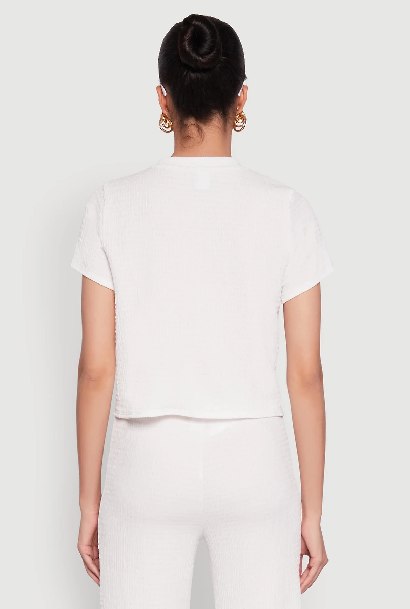 Womens Trendy Textured Knit Cropped Crew Neck Top, White,