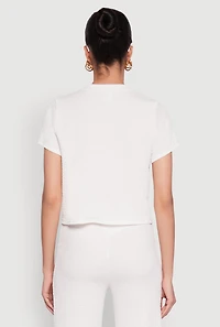 Womens Trendy Textured Knit Cropped Crew Neck Top, White,