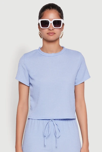 Womens Trendy Textured Knit Cropped Crew Neck Top,