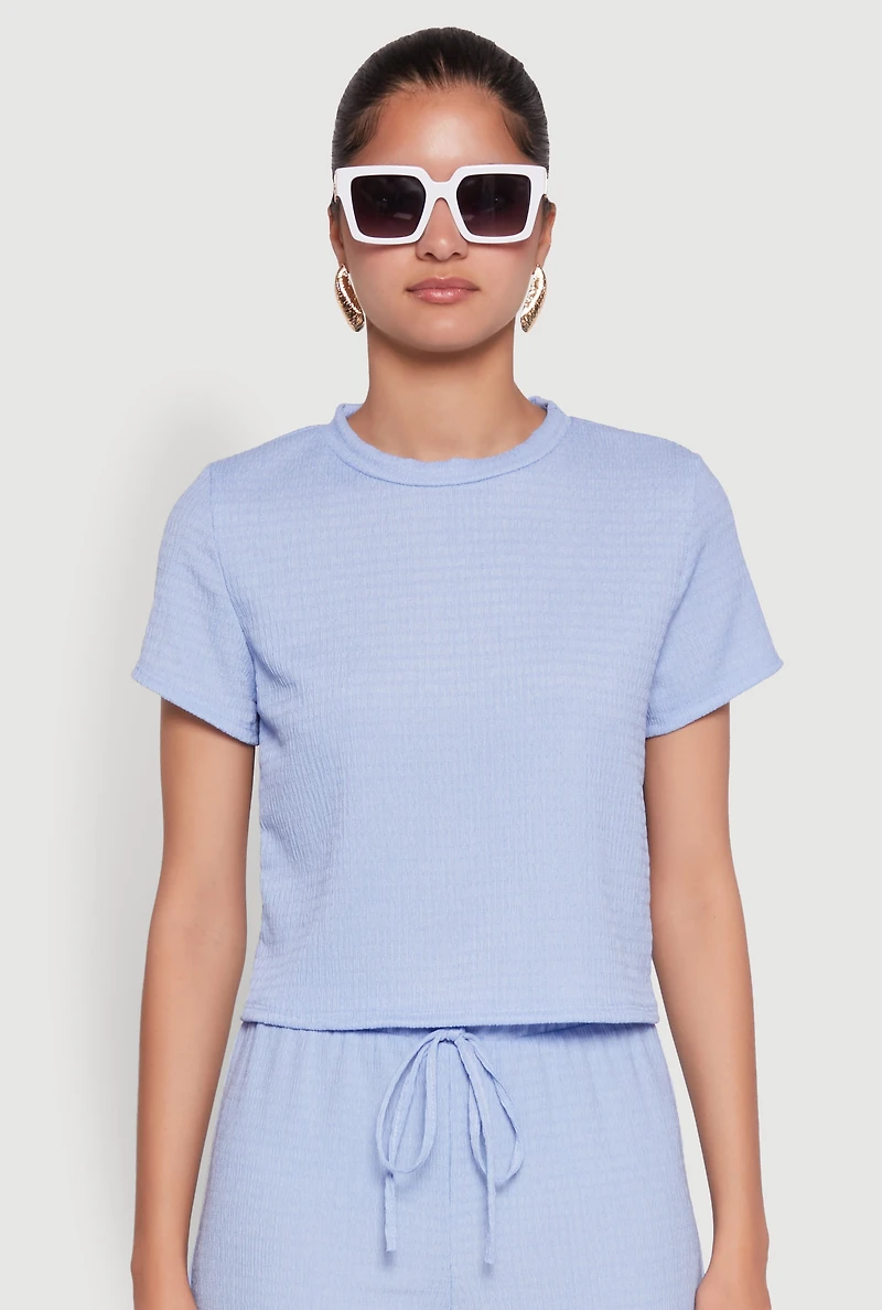 Womens Trendy Textured Knit Cropped Crew Neck Top, Blue, Size S