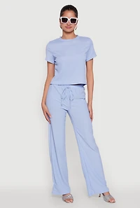 Womens Trendy Textured Knit Cropped Crew Neck Top, Blue, Size S