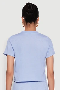 Womens Trendy Textured Knit Cropped Crew Neck Top, Blue, Size S
