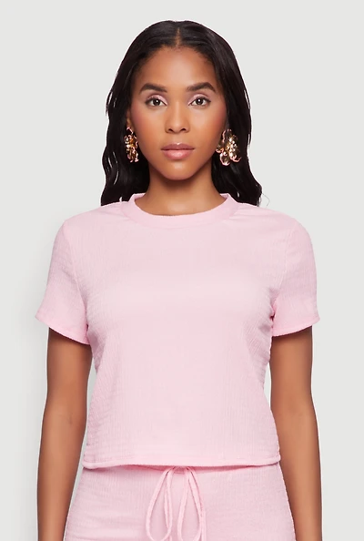 Womens Trendy Textured Knit Cropped Crew Neck Top,