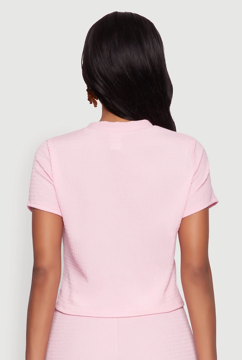 Womens Trendy Textured Knit Cropped Crew Neck Top,