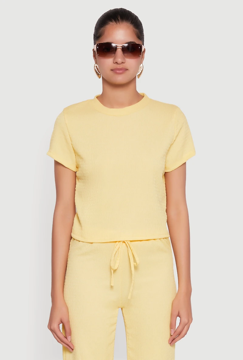 Trendy Textured Knit Cropped Crew Neck Top