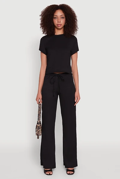 Womens Casual Textured Knit Straight Leg Pants with Faux Drawstring,