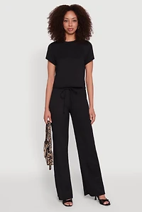 Womens Casual Textured Knit Straight Leg Pants with Faux Drawstring, L