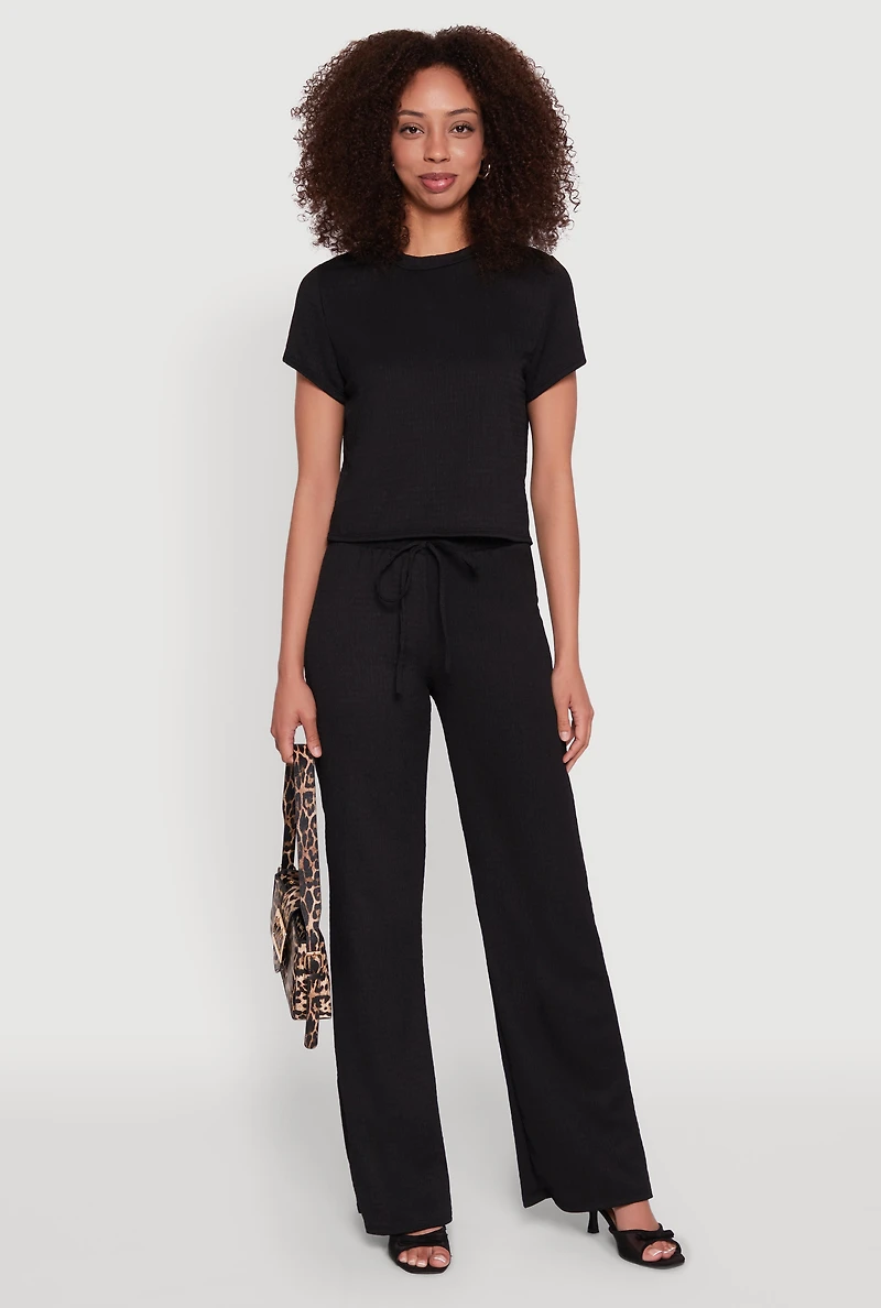 Womens Casual Textured Knit Straight Leg Pants with Faux Drawstring,