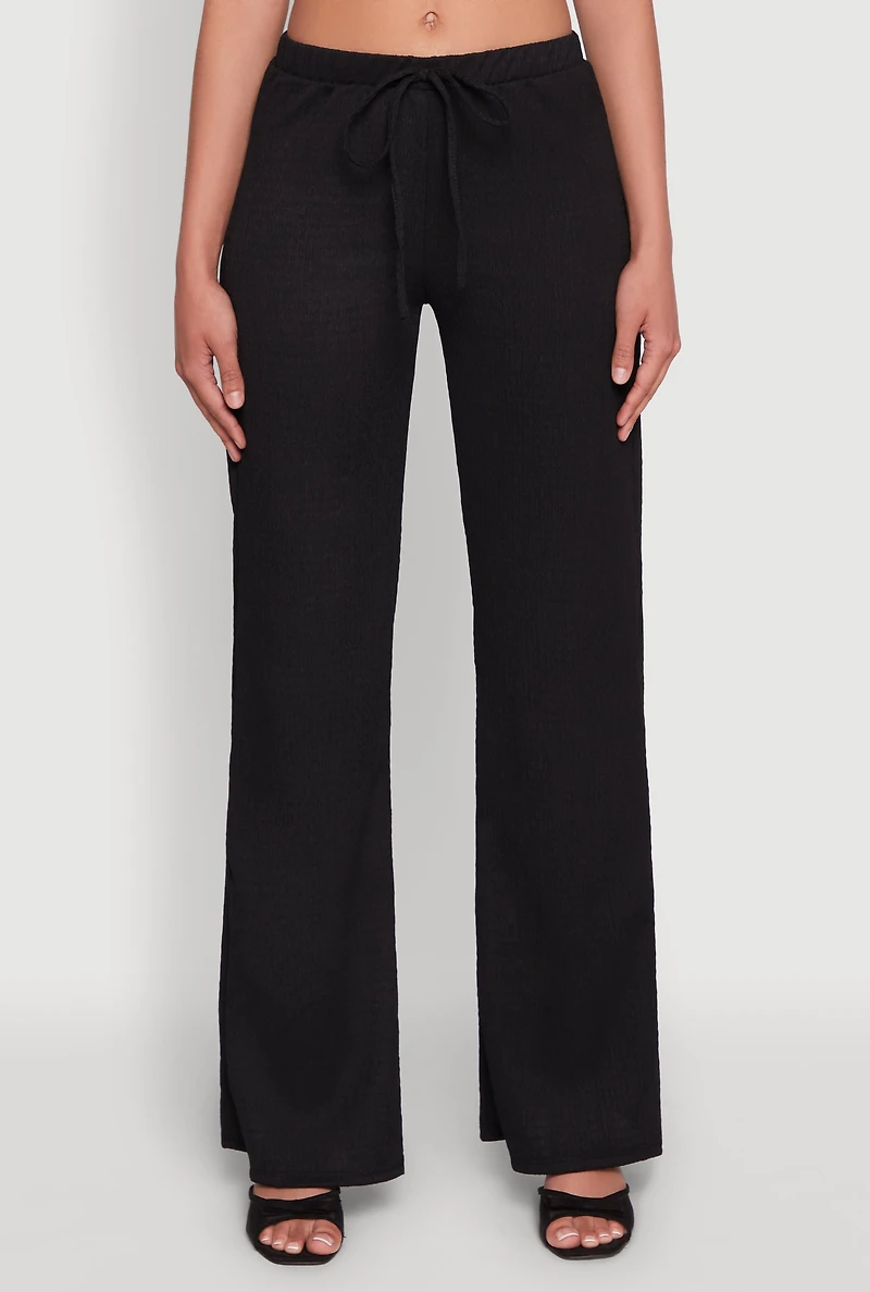 Womens Casual Textured Knit Straight Leg Pants with Faux Drawstring, L