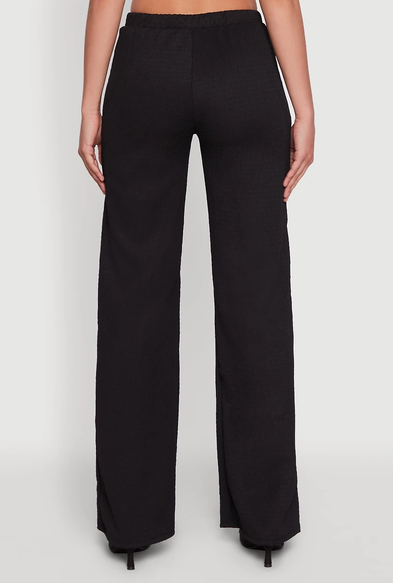 Womens Casual Textured Knit Straight Leg Pants with Faux Drawstring, L