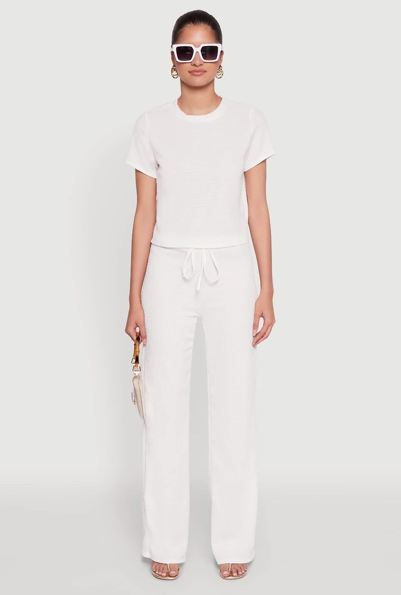 Womens Casual Textured Knit Straight Leg Pants with Faux Drawstring, White, Size XL