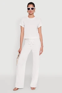 Womens Casual Textured Knit Straight Leg Pants with Faux Drawstring, White, Size XL