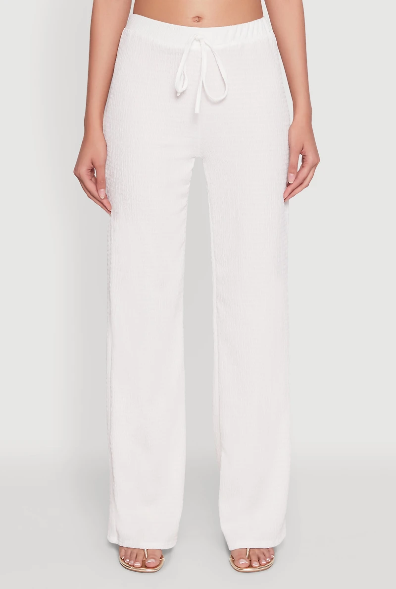 Womens Casual Textured Knit Straight Leg Pants with Faux Drawstring, White, Size XL