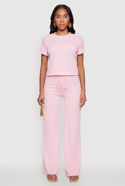 Womens Casual Textured Knit Straight Leg Pants with Faux Drawstring, Pink, Size M