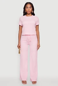 Casual Textured Knit Straight Leg Pants with Faux Drawstring