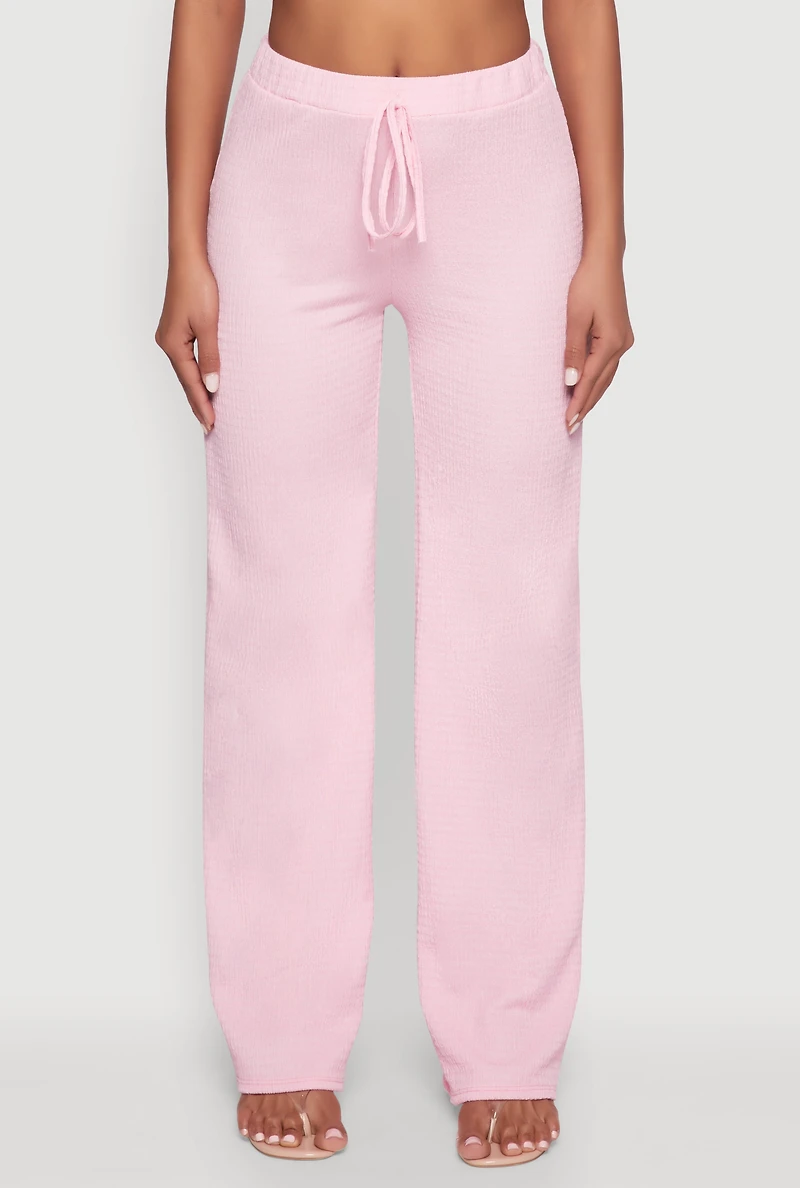 Womens Casual Textured Knit Straight Leg Pants with Faux Drawstring, Pink, Size M