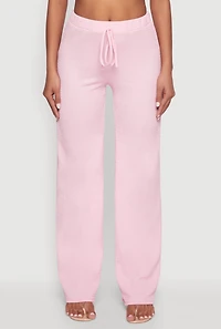 Womens Casual Textured Knit Straight Leg Pants with Faux Drawstring, Pink, Size M