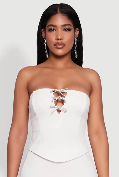 Womens Rhinestone Bow Detail Corset Tube Top, White, Size S