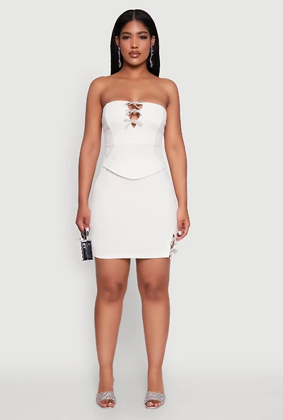 Womens Rhinestone Bow Detail Mini Skirt, White, Size L