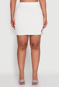 Womens Rhinestone Bow Detail Mini Skirt, White, Size XL
