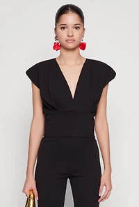 Womens Padded Shoulder V Neck Top, Black, Size M