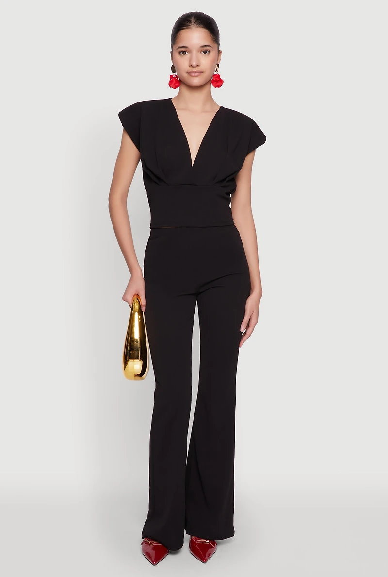 Womens Padded Shoulder V Neck Top, Black, Size M