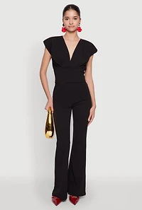 Womens Padded Shoulder V Neck Top, Black, Size M