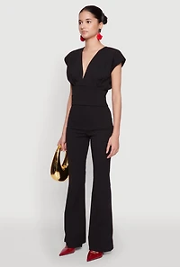 Womens Padded Shoulder V Neck Top, Black, Size M