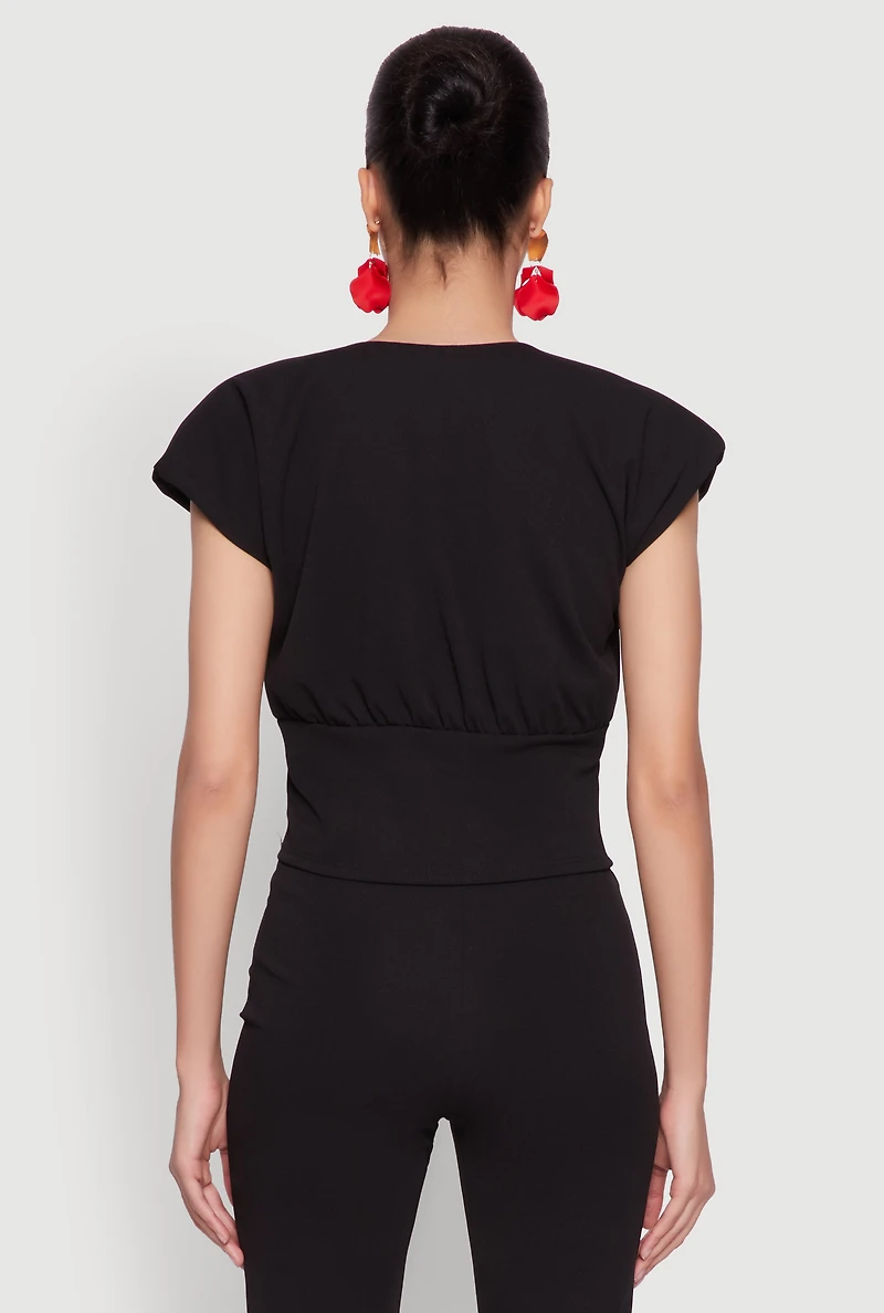 Womens Padded Shoulder V Neck Top, Black, Size M