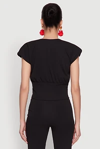 Womens Padded Shoulder V Neck Top, Black, Size M